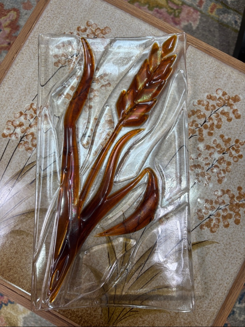 Vintage Fused Glass Tray Amber Wheat Design